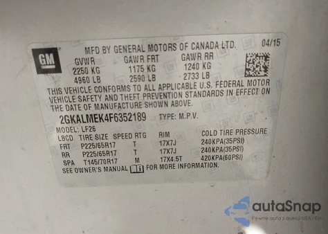 2015 GMC Terrain Sle-1 from USA, damaged, VIN 2GKALMEK4F6352189